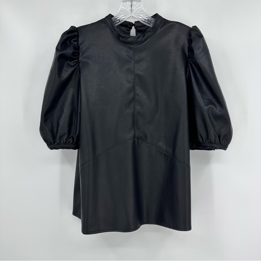THML NWOT Faux Leather Puff Sleeve Top Black Size S